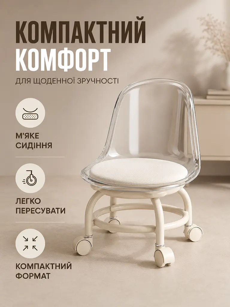 Компактний стілець на коліщатках для дому з м’яким сидінням та акриловою спинкою 29×30×38 см, прозорий (49676314) - фото 2