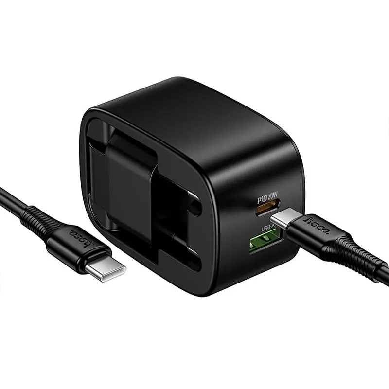 СЗУ Hoco CS102A Folding PD30W+QC3.0 (1USB-A/1C) + кабель Type-C to Type-C Black - фото 2