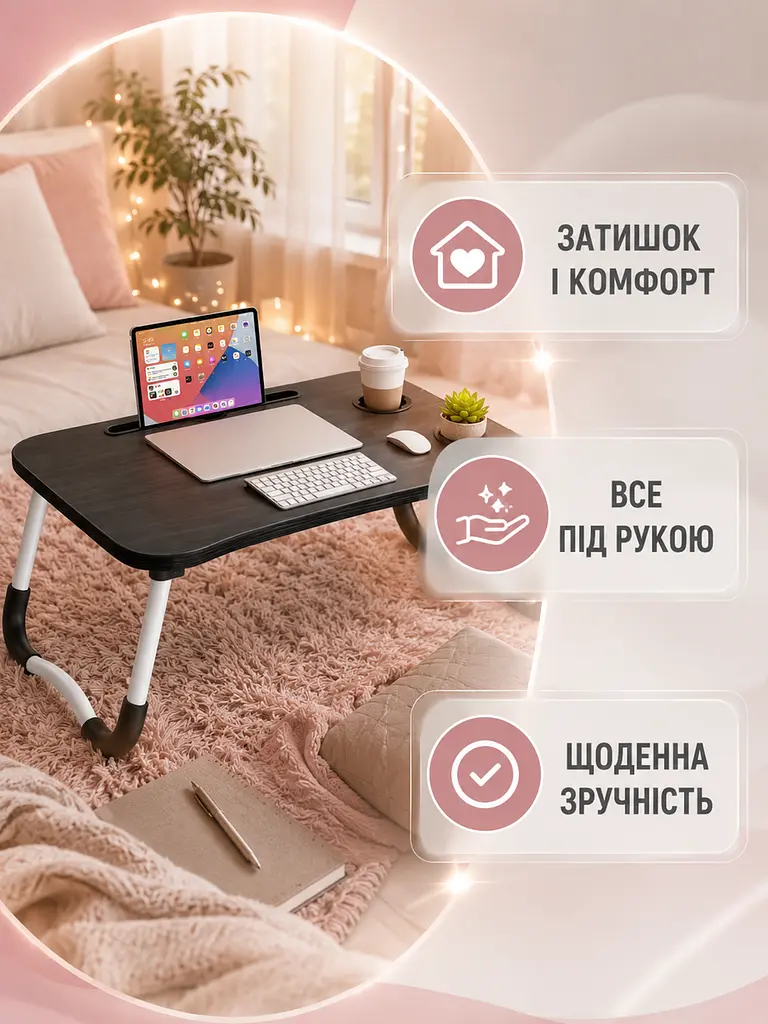 Складаний столик для ноутбука 60×40×28 см венге з підсклянником (49675980) - фото 6