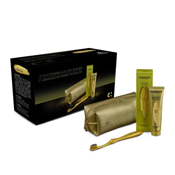 Зубна паста CURASEPT LUXURY WHITENING GOLD, відбілююча, 75 мл + зубна щітка, косметичка - фото 3