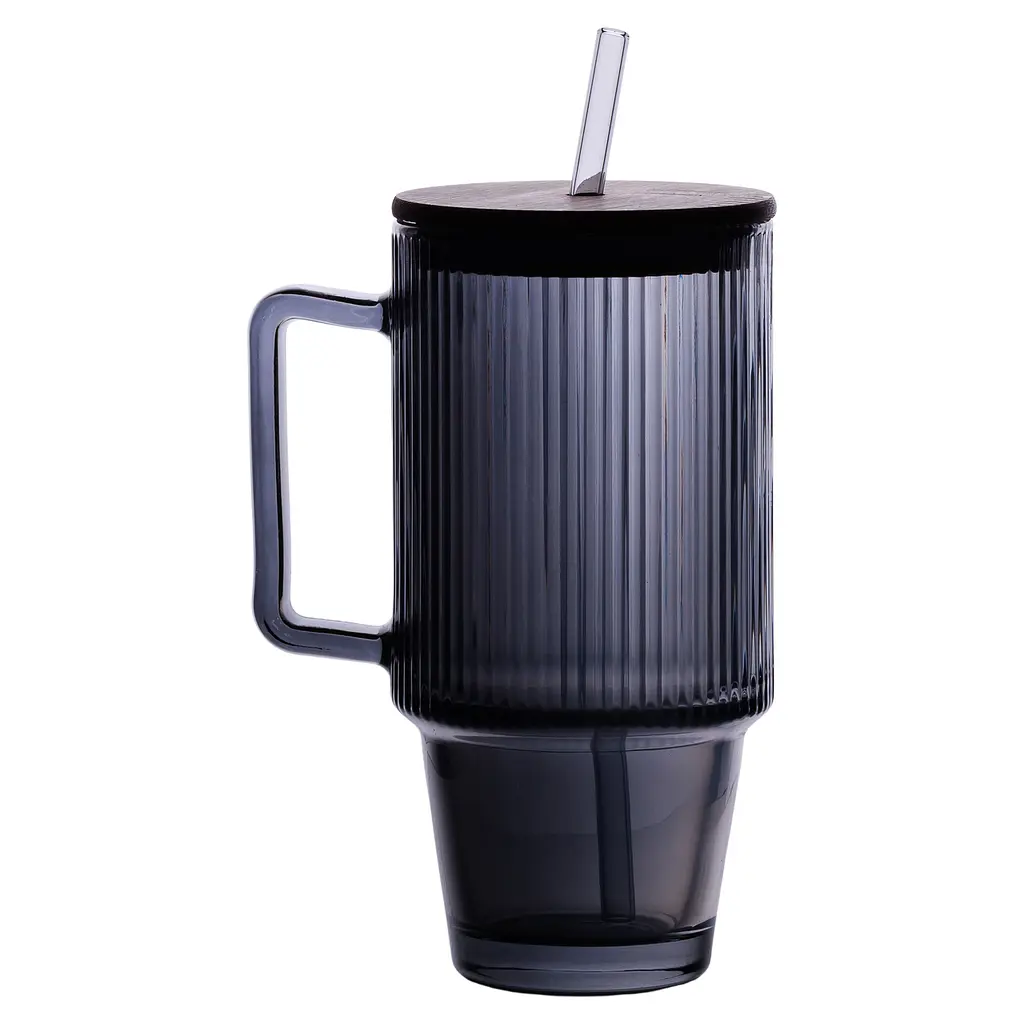 Кружка стеклянная с крышкой и трубочкой 750 мл Серый Yiwu HP-19-50 - фото 4