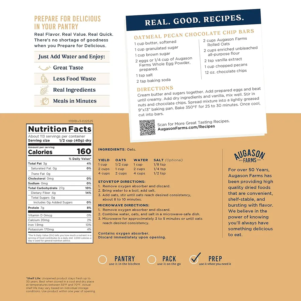 Вівсяні пластівці сублімовані з великим терміном придатності до 30 років Augason farms, 113 порцій (101086) - фото 3