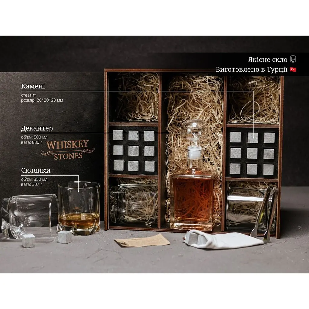 Подарунковий набір Whiskey Stones камені для віскі в дерев'яному пеналі №8 + декантер і 4 склянки Luna + щипці + мішечок - фото 9