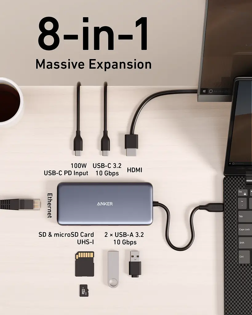 Перехідник Anker PowerExpand 8-in-1 - PD in 100 W/HDMI/2 xUSB-A/USB-C 10 Gbps/LAN/SD Black (7255316) - фото 4