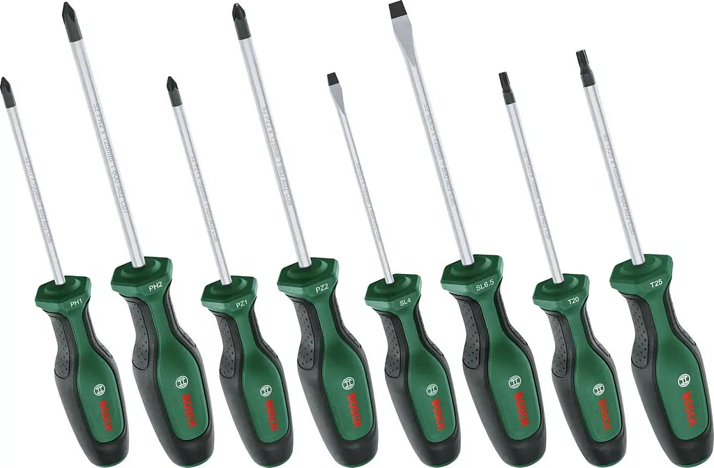 Отвертка SL 4, 6.5мм, PH1х100мм, PH2х125мм, PZ1х100мм, PZ2х125мм, Т20х100, Т25х100 набор 8шт Bosch hoz0014145 - фото 2