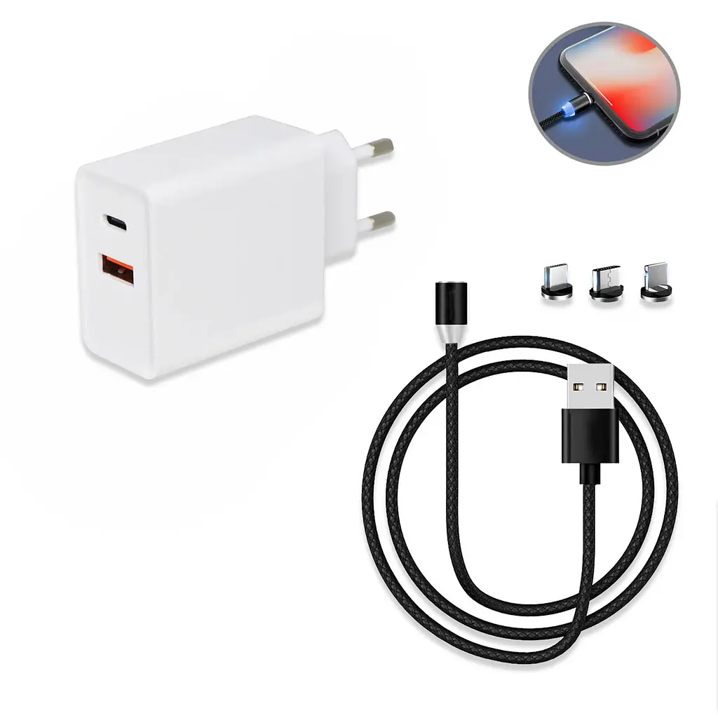 Зарядный шнур с магнитом черный и блок питания для телефона 95см 220V USB/Type-C X-Cable - фото 3