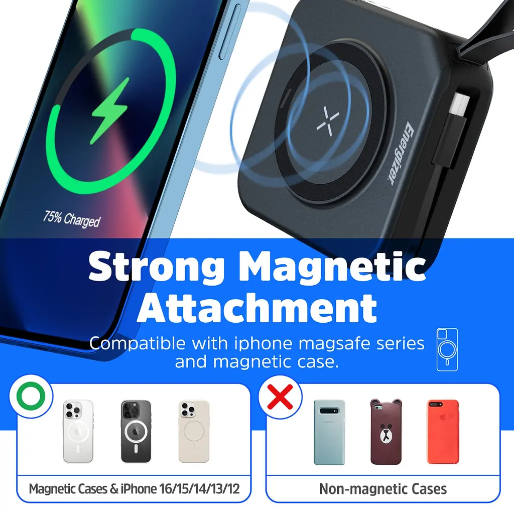 Універсальна мобільна батарея Energizer Magnetic Wireless 10000mAh 20W PD, AC зарядка, QI-15W, built-in USB-C, USB-А, USB-C In/Out - фото 9