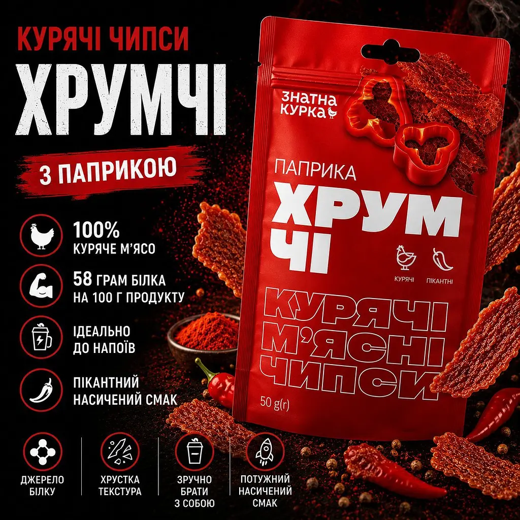 Чипси з м`яса курчати-бройлерів сушені Знатна курка ХрумЧІ паприка 50 г - фото 2