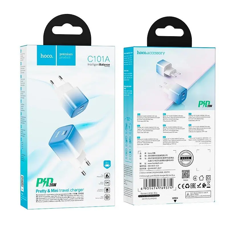 Зарядний пристрій блок-адаптер HOCO single port charger C101A 1 порт Type-C 20 W біло-блакитний - фото 3