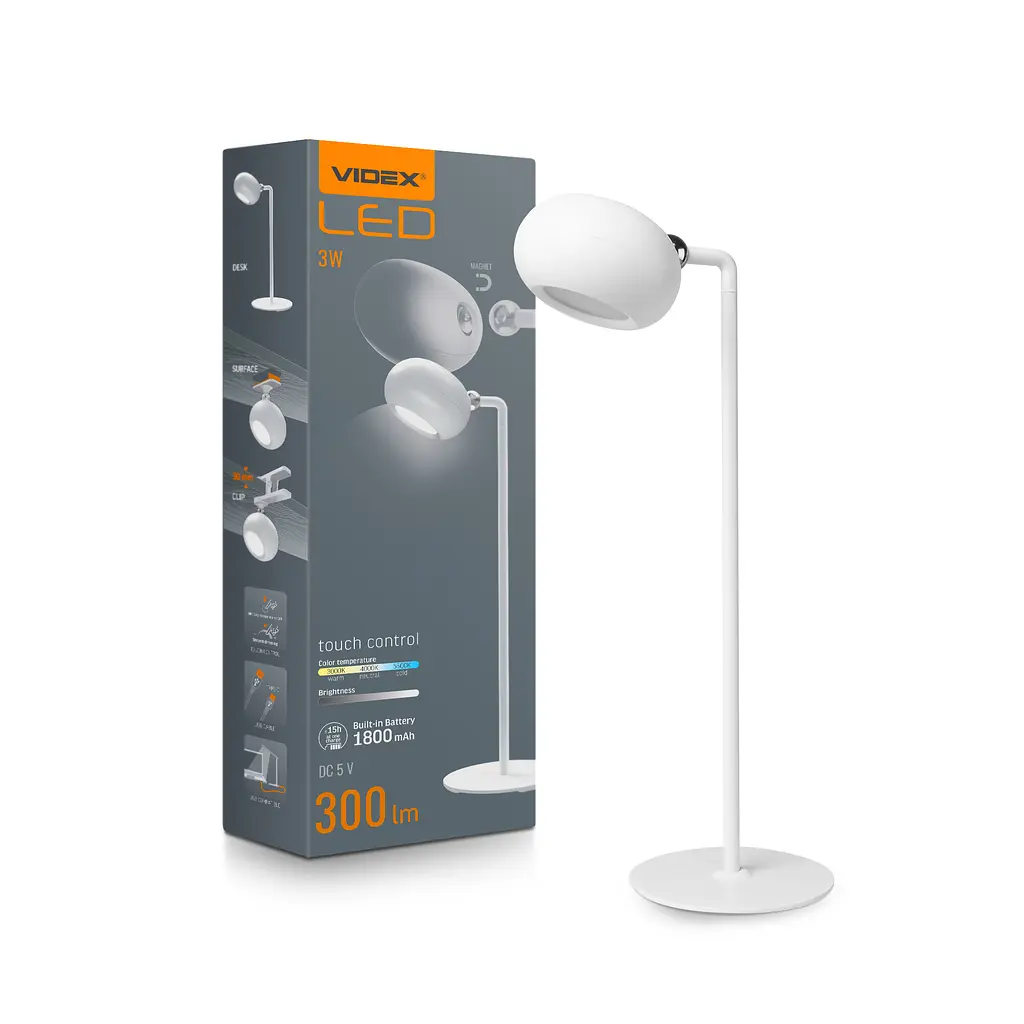 LED лампа настiльна з акумулятором VIDEX VLE-TF18W 3W 3000-5500K Біла VIDEX (27856-000)