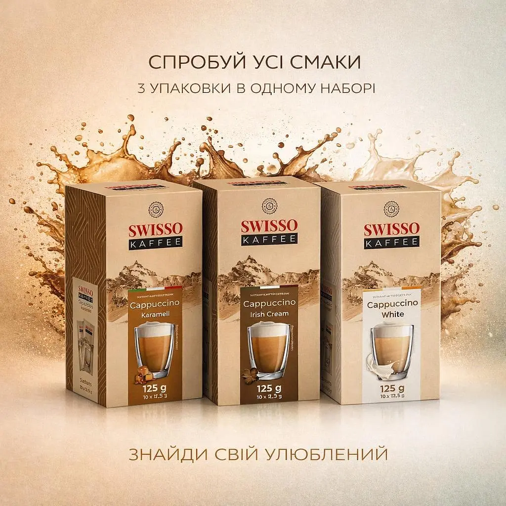 Набір капучино у стіках Swisso Kaffee Cappuccino Karamell + White + Irish Cream, 3×10×12,5 г - фото 3