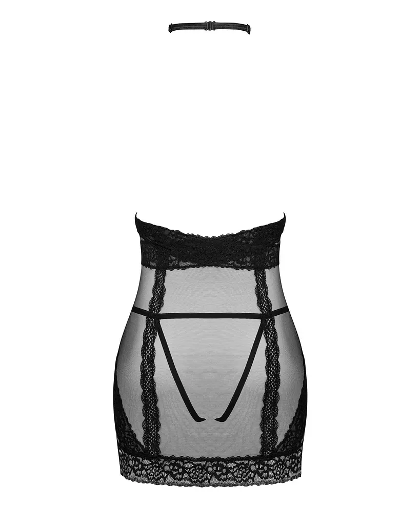 Напівпрозора сорочка з відкритими грудьми Obsessive Lacrisia chemise XS/S, чорна, з чокером - фото 6