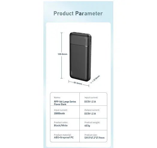 Універсальна мобільна батарея Remax Langgo RPP-166 20000mAh 2USB (2.1A) Чорний - фото 10