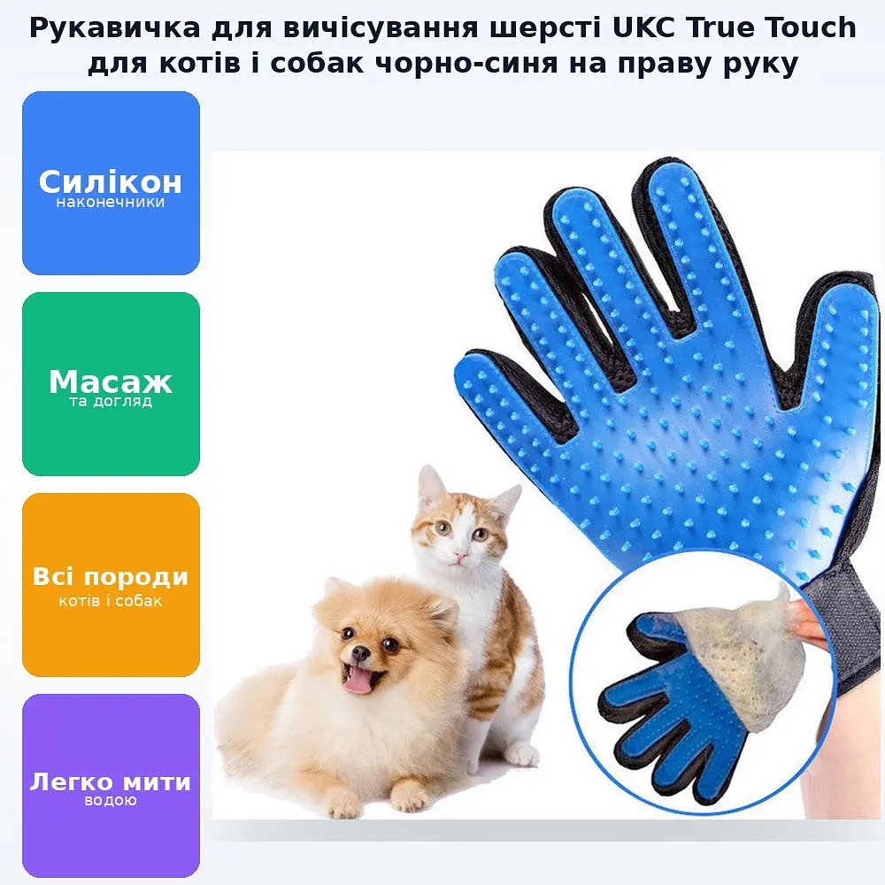 Рукавичка для вичісування шерсті котів та собак True Touch Чорно-синя на праву руку - фото 3