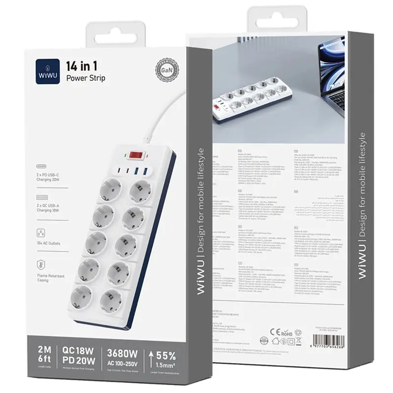 Подовжувач S008 Power Strip PD20W (2USB-A/2C/10xSocket) (2 m) White Wiwu teh0029516 - фото 4