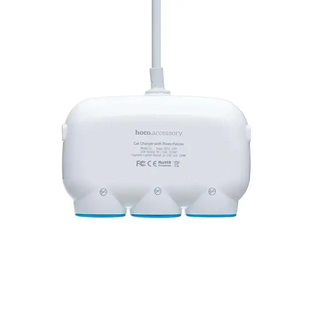 Трійник у прикурювач HOCO C1 (3 порти + 2USB/5V/3.1A) White - фото 3