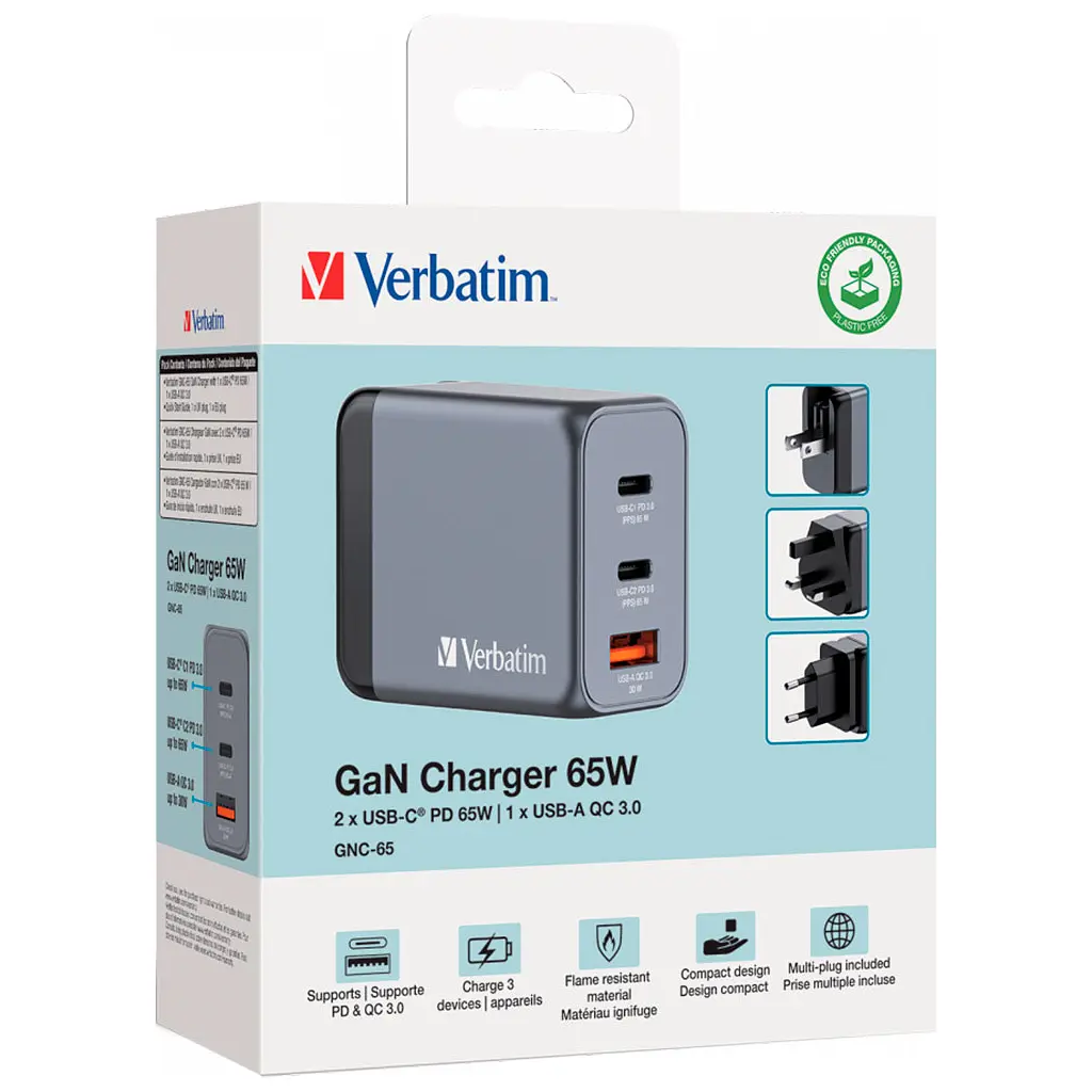 Зарядний пристрій Verbatim GaN 65 W 3 ports (2xUSB-C-65 W /USB-A -3.0) (32201) - фото 3