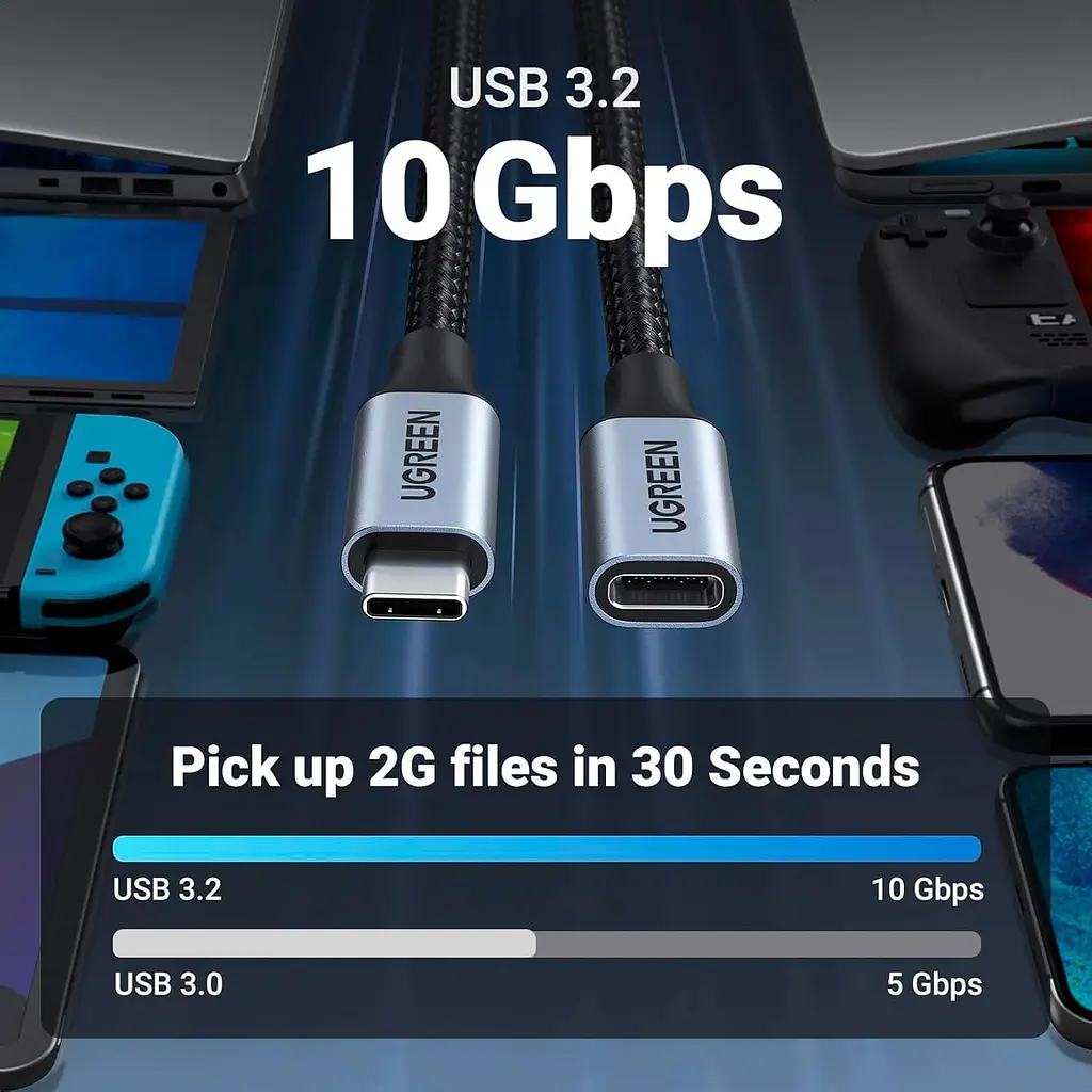Кабель Ugreen USB 3.1 Type-C M-F,1 м,5A （10Gbps）Чорний,US372 (30205) - фото 11
