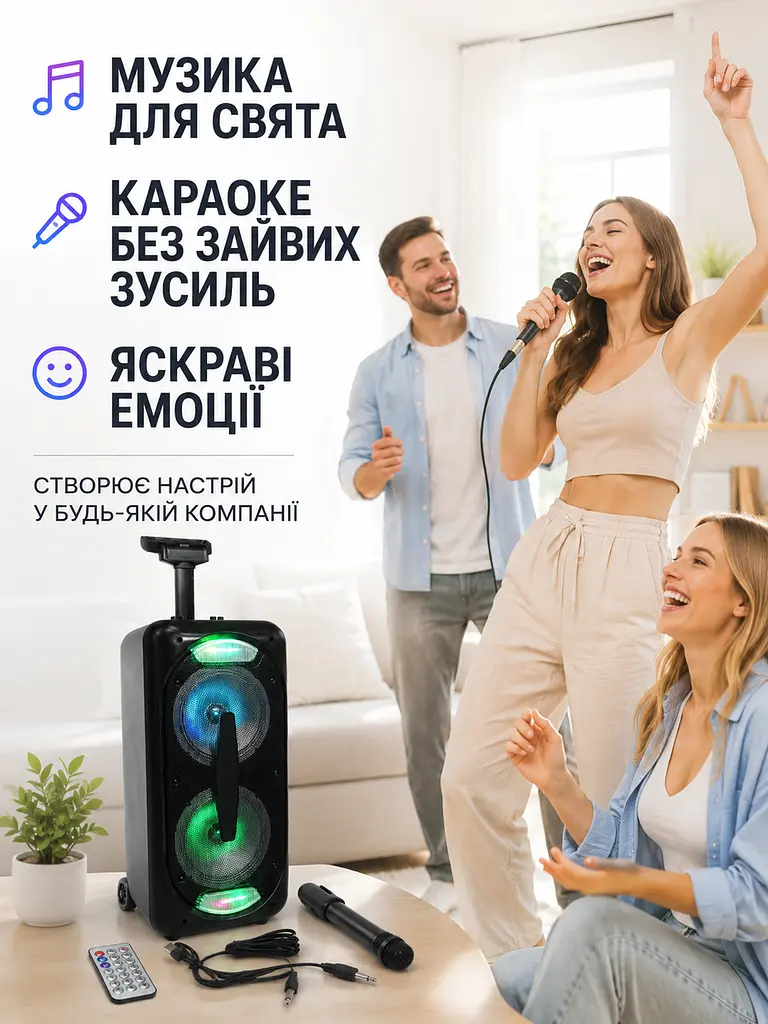 Портативна колонка валіза 2×8″ PMPO 1200 Вт з мікрофоном, пультом і LED чорна (49676163) - фото 8