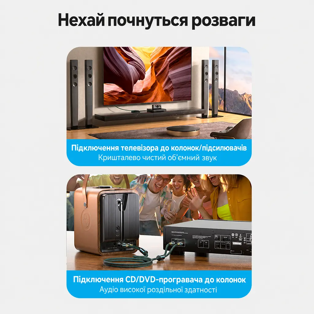 Стереоаудіокабель Vention 8 м тюльпани 2RCA штекер на 2RCA штекер з подвійним екрануванням у бавовняному обплетенні з посрібленими провідниками OFC з позолоченими роз’ємами зелений (BCUGK) - фото 11