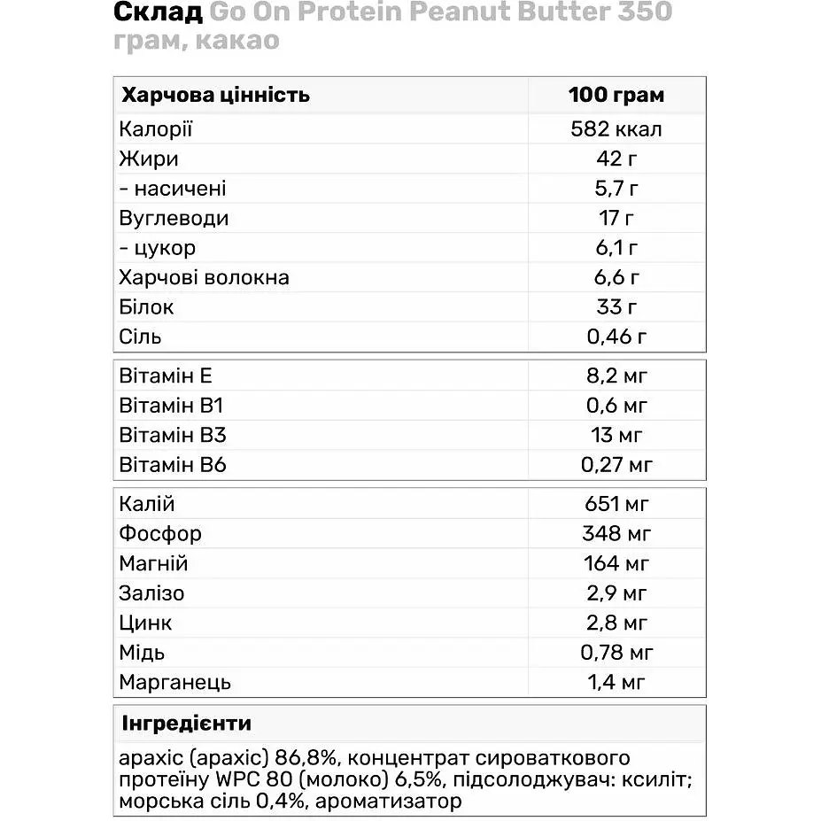 Арахісова паста Go On Nutrition Protein Peanut Butter, 350 грам какао - фото 2