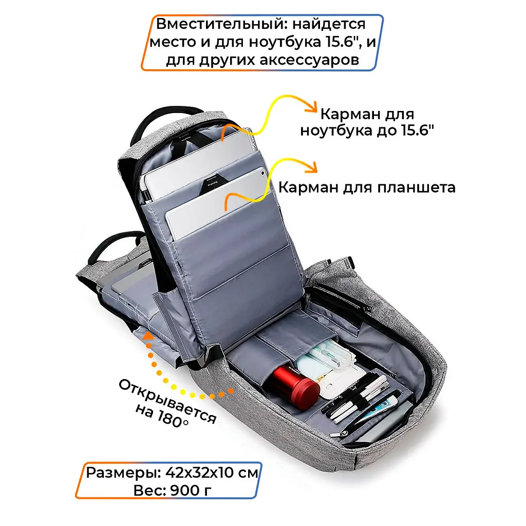 Рюкзак антизлодій Mark Ryden 5815 з відсіком для ноутбука до 15.6" та USB 18 л Grey (16244) - фото 3