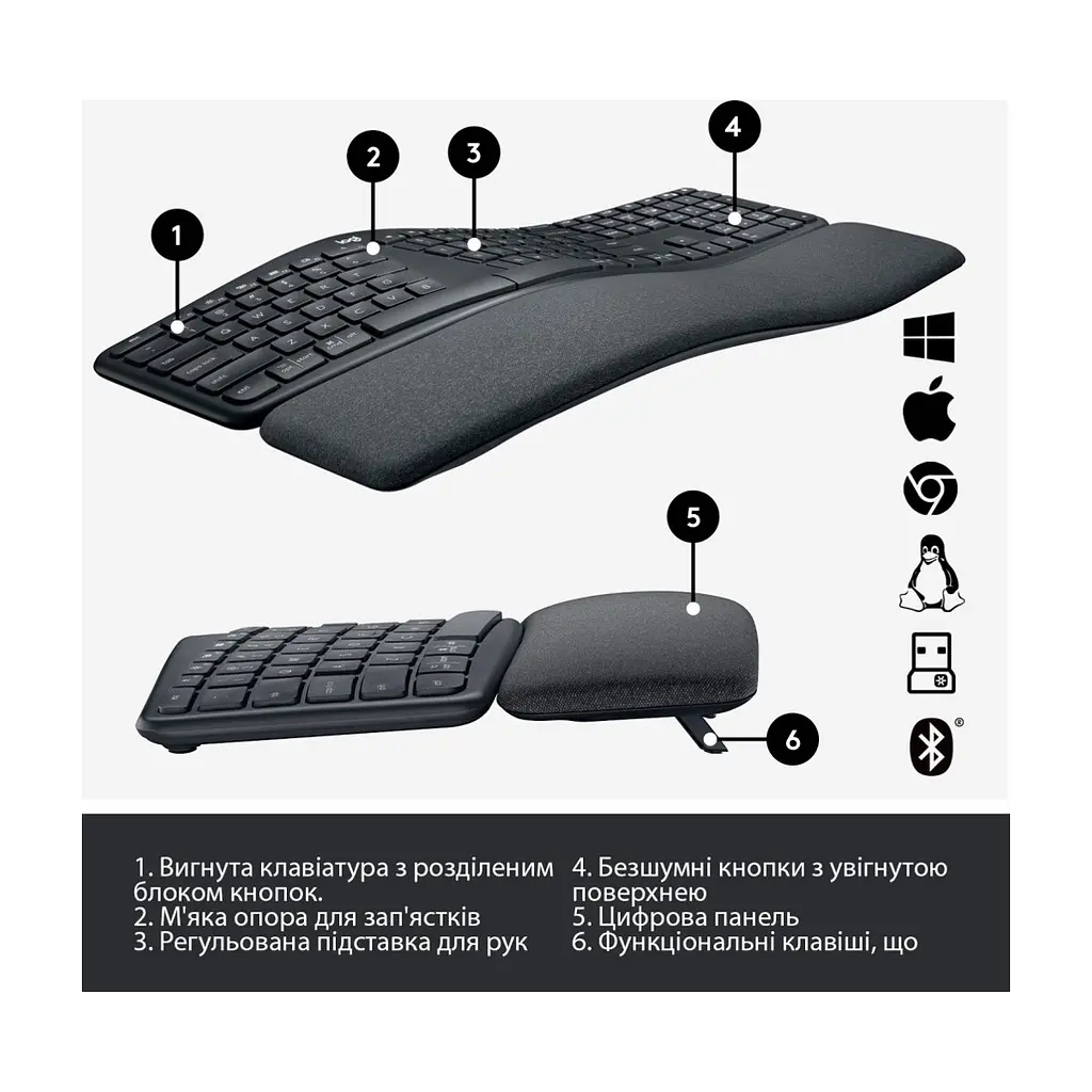 Клавіатура Logitech ERGO K860 Bluetooth/Wireless UA Black (920-010108) - фото 7