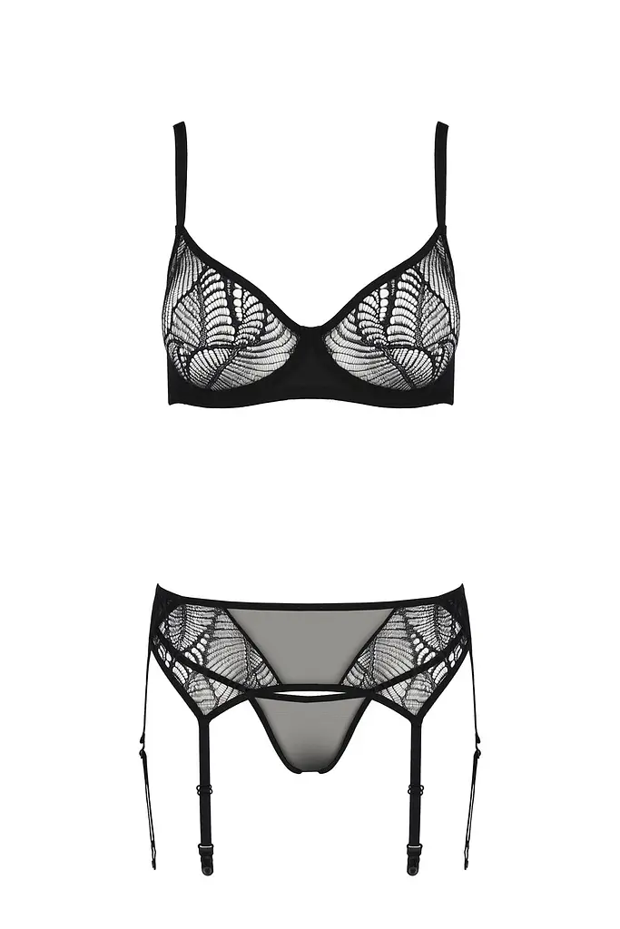 Комплект Passion LEAFA SET black S/M, мереживо+сітка, бюстгальтер на кісточках, стрінги, пояс для панчіх - фото 3