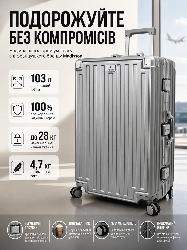 Валіза велика L Madisson Snowball 66503 L 74x49x31 см 100% полікарбонат на клямках Срібна - фото 3