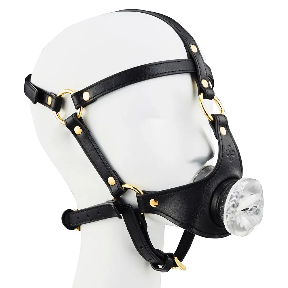 Маска-збруя для мінету LOCKINK SEVANDA Blowjob Head Harness, чорна, з м’якою вставкою у вигляді губ - фото 3
