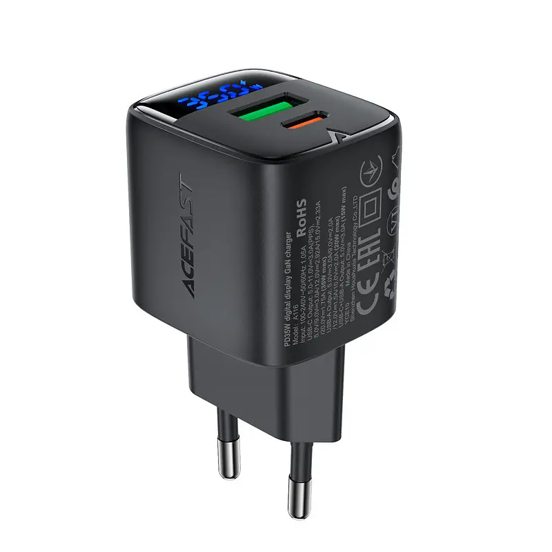 Мережевий зарядний пристрій ACEFAST A116 PD35W GaN charger (USB-A+USB-C) with digital display Чорний
