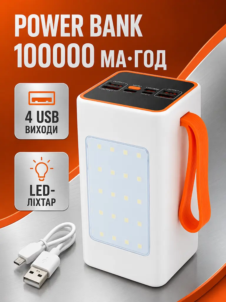 Power Bank 100000 мА·год 22,5 Вт з 4 USB, LED-ліхтарем, білий (49676358) - фото 2