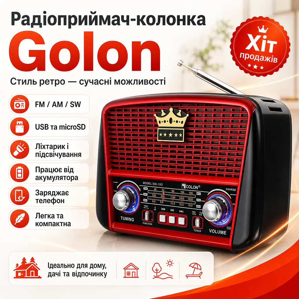Радіоприймач акумуляторний з Bluetooth, MP3 та ліхтариком, Golon RX-BT455S AM / Портативне радіо - фото 2
