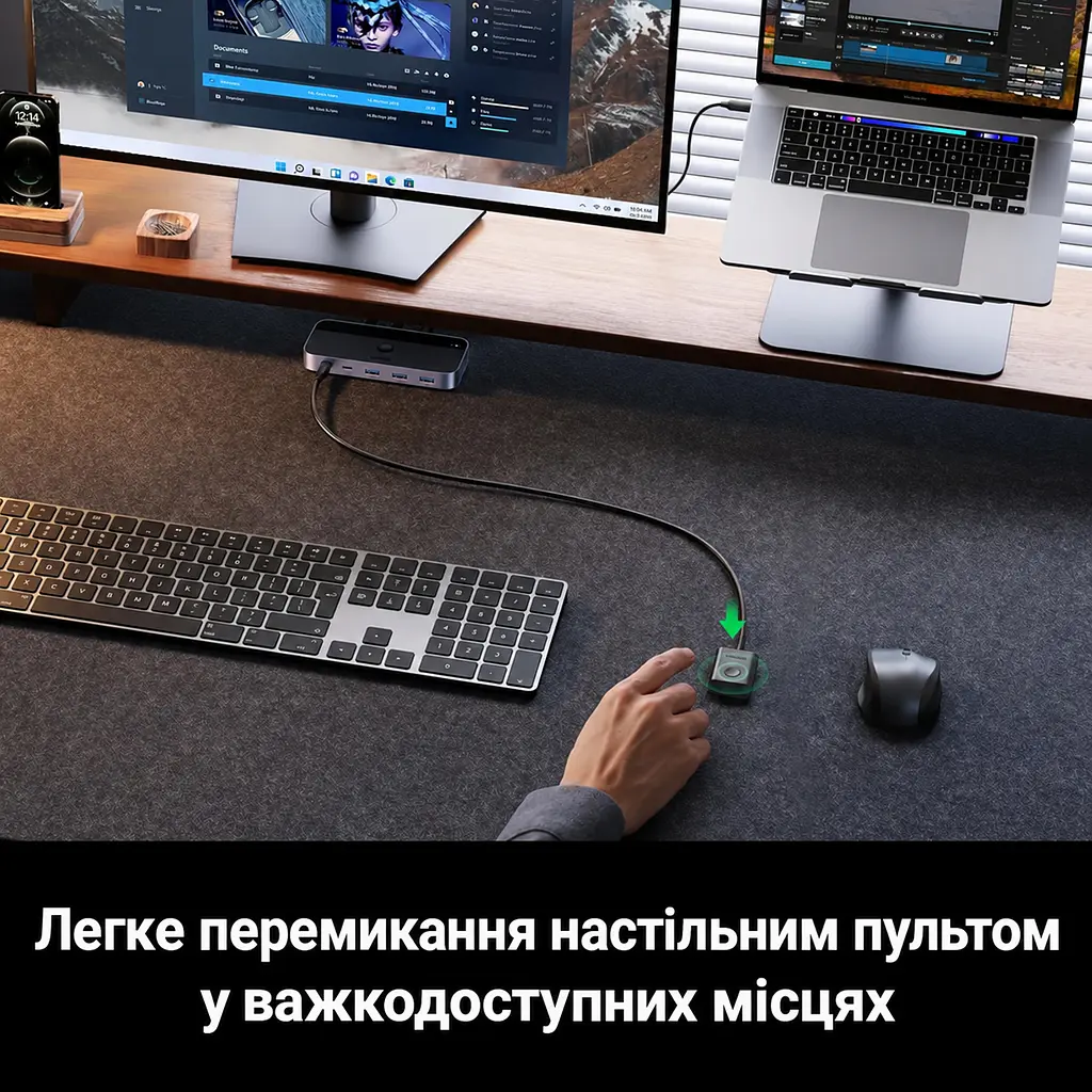 USB-перемикач периферії UGREEN CM662 для спільного використання 4 USB-пристроїв між 2 комп’ютерами входи 2 USB-A виходи 3 USB-A та 1 USB-C USB 3.0 до 5 Гбіт/с перемикання кнопкою на корпусі або комплектною виносною кнопкою Mini-USB з кабелем 1,5 м вхід додаткового живлення USB-C 5 В до 2 А зі світловою індикацією вибраного комп’ютера без встановлення драйверів для Windows macOS Linux у комплекті 2 кабелі USB-A на USB-A по 1,5 м чорний зі сріблясто-сірими боками (15705) - фото 6
