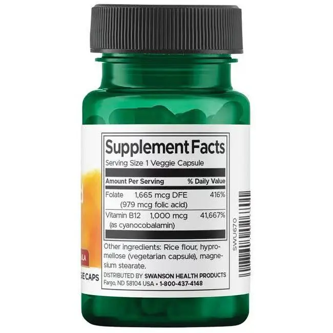 Фолієва кислота з вітаміном В 12 Swanson Folic Acid & B12, 30 вегетаріанських капсул (2022-09-0218) - фото 2
