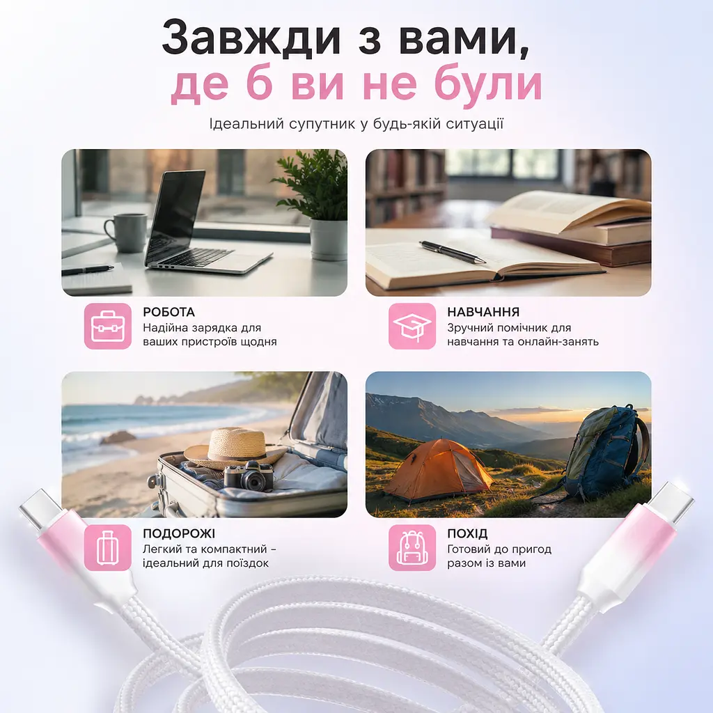 Кабель XON SmartCable Type-C - Lightning PD 20W 1м UniLink (SU80CL2W1W 4845) Рожевий/Білий - фото 5