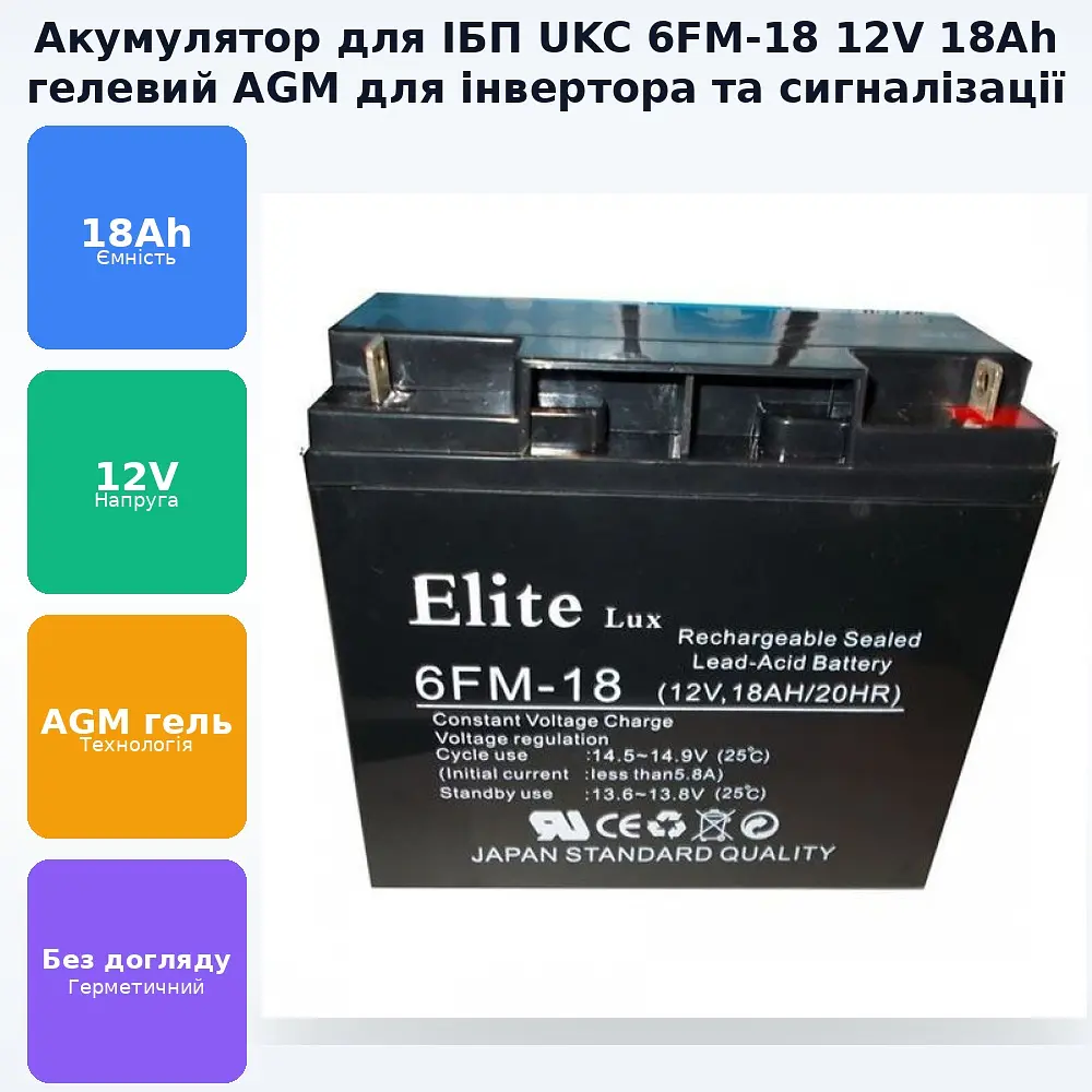 Акумуляторна батарея до ДБЖ 12В 18Ач гелевий акумулятор AGM 12v 18A UKC 6FM-18 12V 18AH/20HR - фото 2