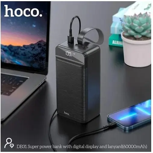 Портативна батарея Hoco Super DB31 60000mAh + Lightning роз'єм та ремінець чорна - фото 4