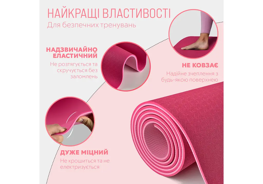 Килимок для йоги та фітнесу EasyFit TPE+TC 6 мм двошаровий рожевий (EF-1924-PP) - фото 3