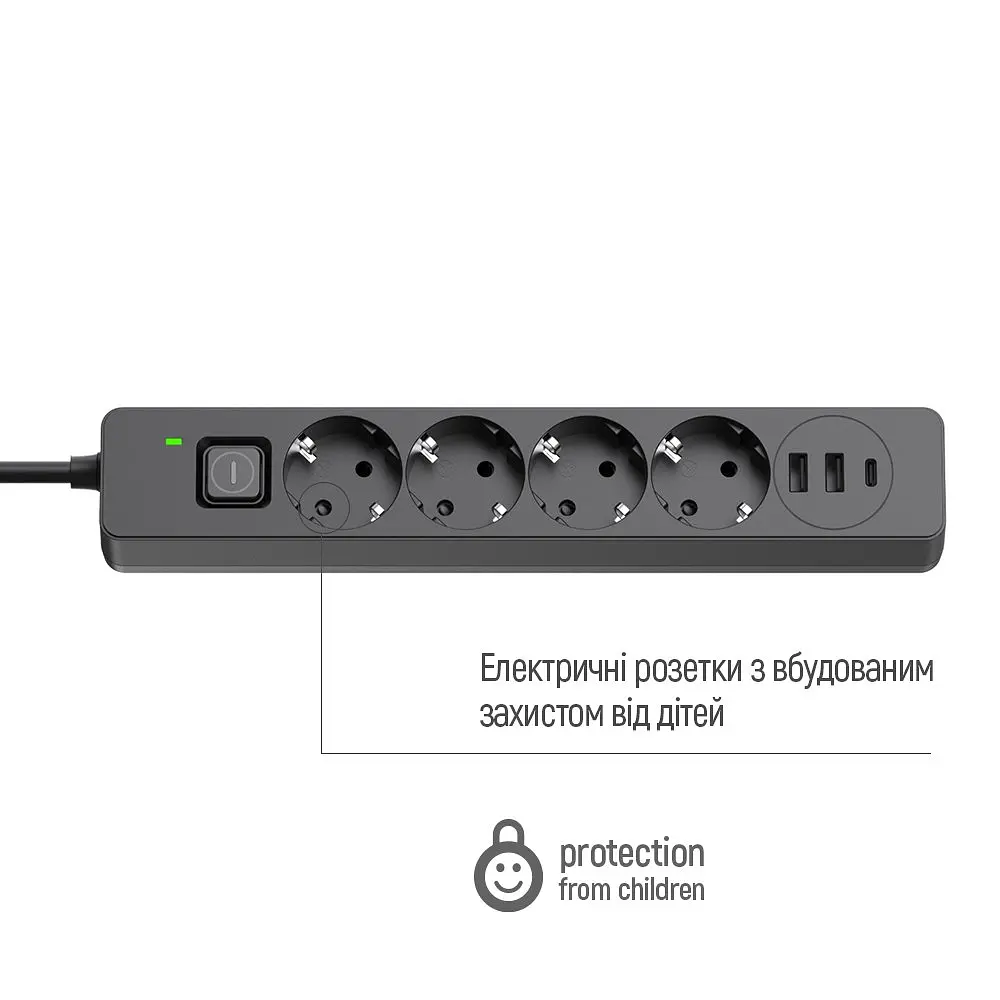 Мережевий фільтр-подовжувач СolorWay 4 розетки/3USB (2USB-A + 1 TYPE-C) (24W) Black 2 м (CW- CHE432PDB) - фото 9
