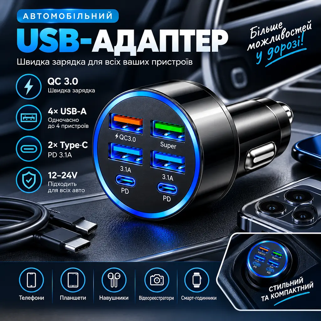 Автомобільний зарядний пристрій 6-в-1 PowerHub 100Вт (4USB + 2PD) - фото 9