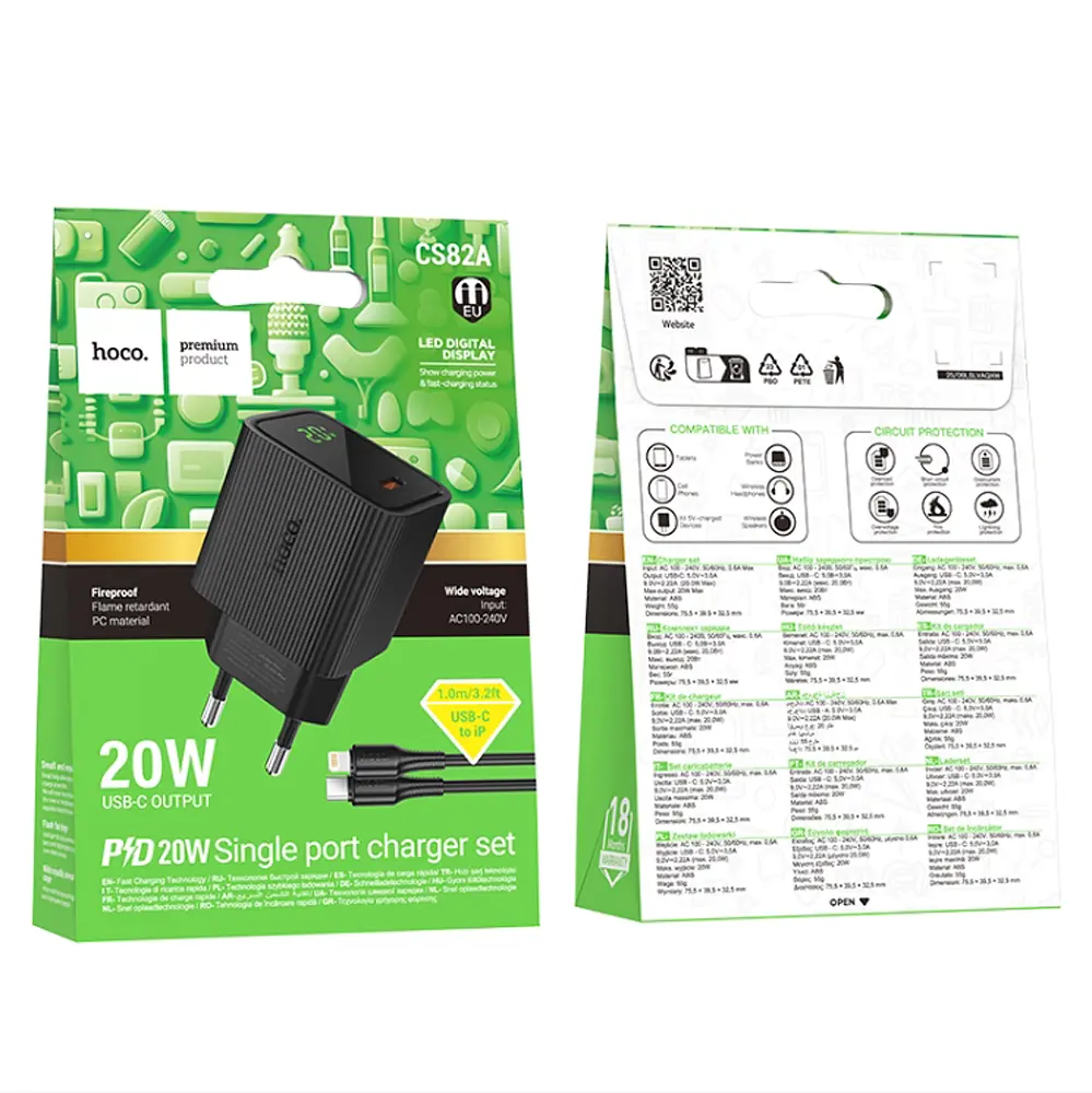 МЗП Hoco CS82A Excellent single port PD20W charger with digital display set(C to iP)(EU) Black - фото 2