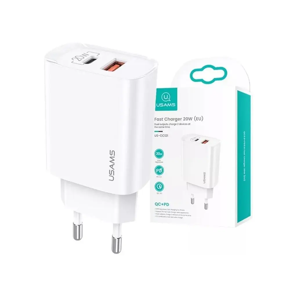 Сетевой адаптер USAMS T35 Fast Charger US-CC121 - USB+Type-C 20W белый - фото 5