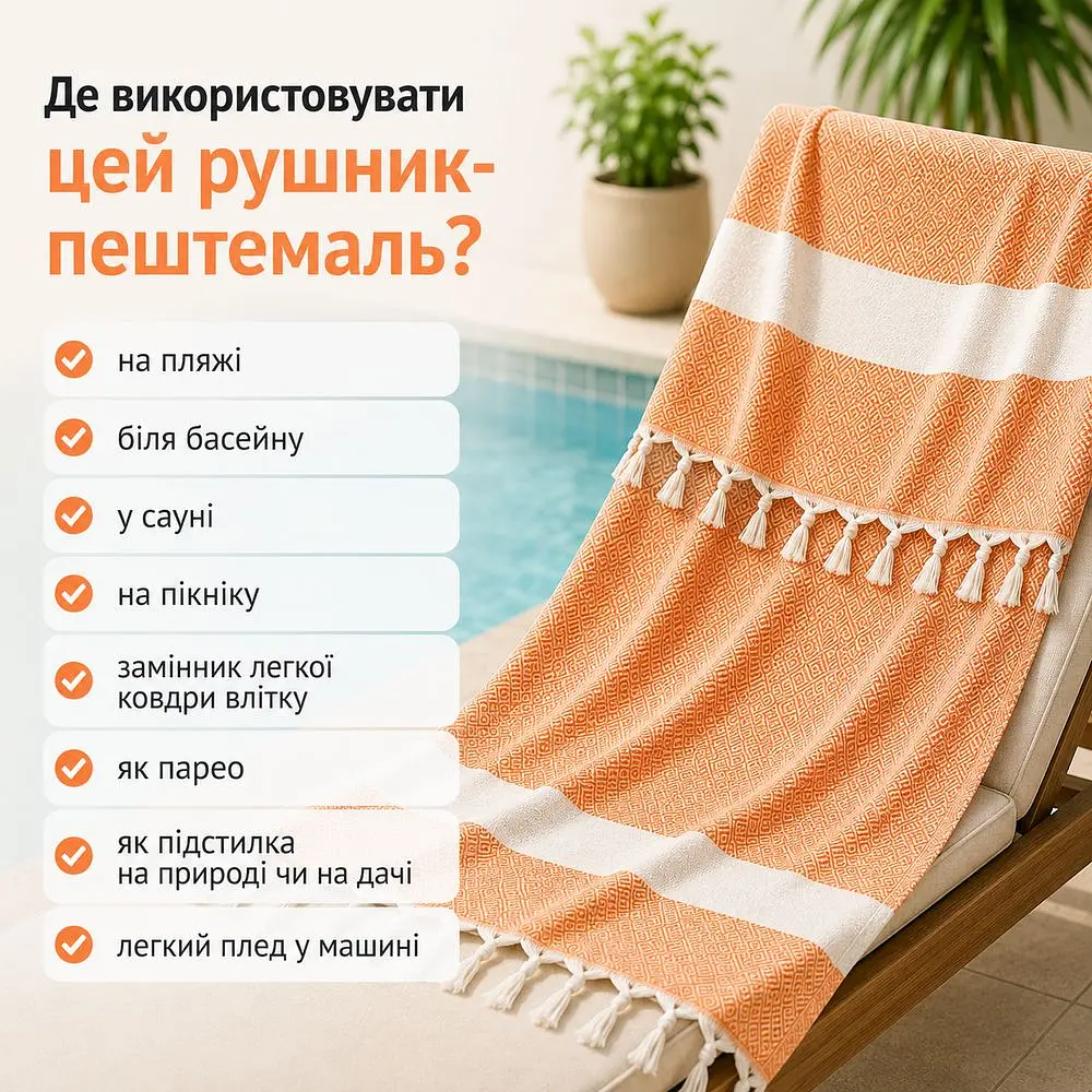 Рушник пештемаль Turkey Towel 100х180 см легкий великий для пляжу басейну бані сауни підстилка на дачу пікнік природу відпустку море ромб помаранчевий - фото 3