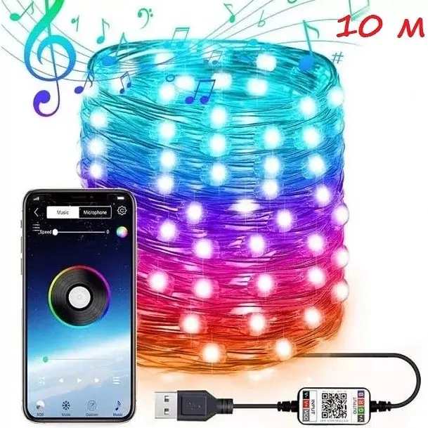 Світлодіодна стрічка RGB Led гірлянда Bluetooth керування з телефону на мідному дроті Крапля роси UKC 10 метрів - фото 4