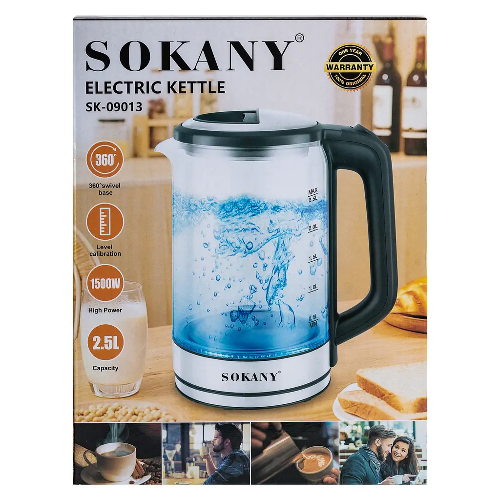 Електрочайник скляний SOKANY SK-09013 дисковий 2,5 л, сталь Sokany SK-09013 - фото 7