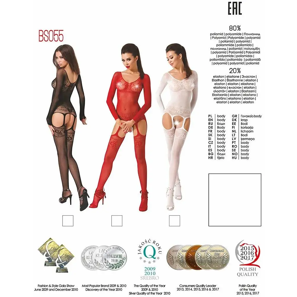 Бодістокінг Passion BS055 Red, комбінезон, імітація панчіх і пояса, довгий рукав, закрите плече - фото 5