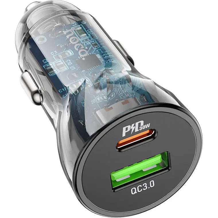 Автомобільний зарядний пристрій Hoco Z47A Transparent Discovery PD30W + QC3.0 Black [110004] - фото 2