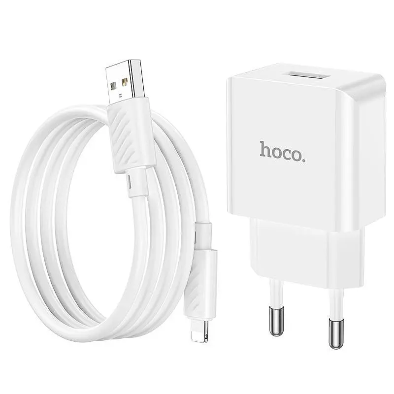 Комплект адаптер и кабель Hoco C106A Lightning Cable Leisure single port charger белый - фото 4