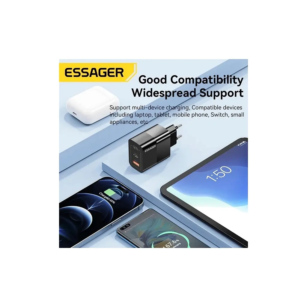 Зарядний пристрій 1xUSB-C + 1xUSB 33W Essager (ECTAC-PCB01-P) - фото 4